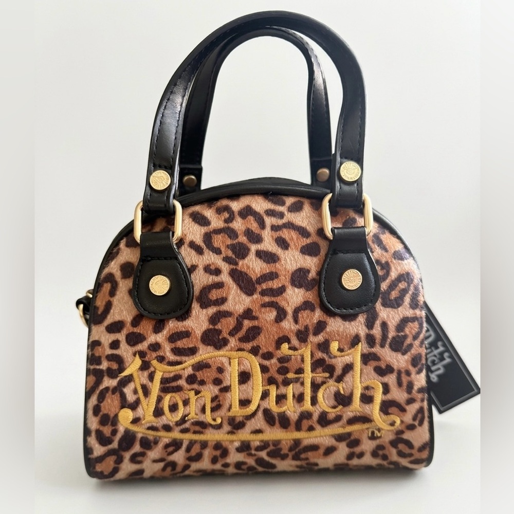 Von Dutch Leopard Print Dome Satchel in Brown, Black & Gold NEW w/ tags